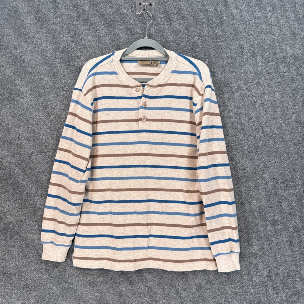 L.L Bean Henley Shirt Mens Medium Beige Striped Thick Knit Long Sleeve Rugby